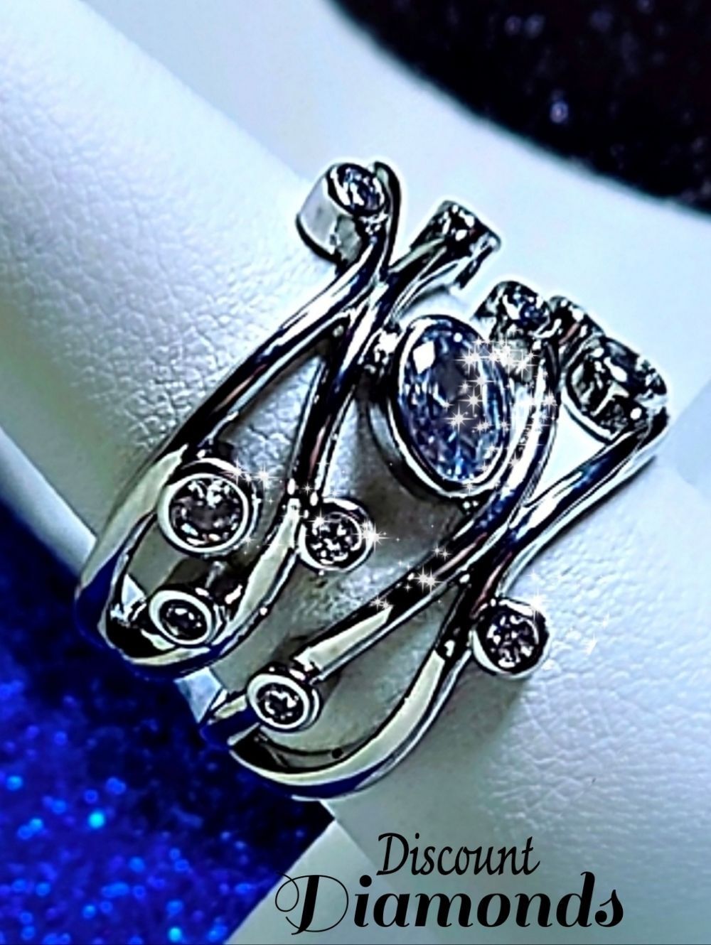 Round & Oval Clear White Sapphire Cocktail Ring on 925 Sterling Silver